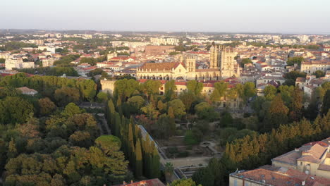 Montpellier-Ecusson-botanical-garden-and-cathedral-with-downtown-city